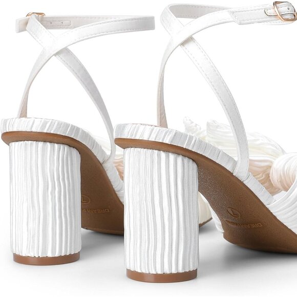 🆕Women's White Bow Knot Chunky Block Heel Open Toe Ankle Strap Slingback Sandal - Picture 6 of 7